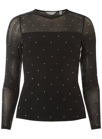 Dorothy Perkins Petite Black Diamante Long Sleeve Mesh Top