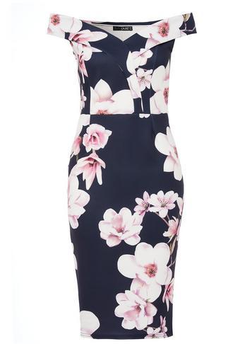 Dorothy Perkins *quiz Navy And Pink Floral Print Bardot Bodycon Dress