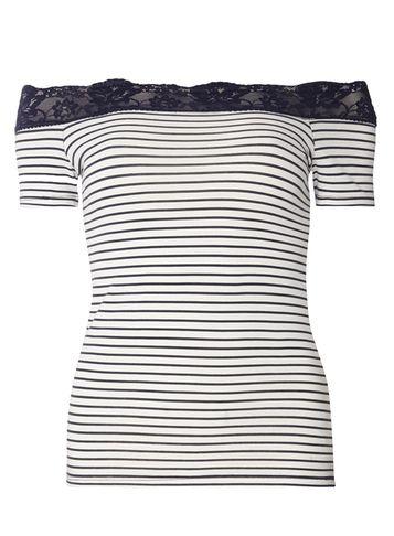 Dorothy Perkins Navy Stripe Lace Trim Bardot Top