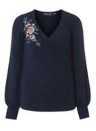 Dorothy Perkins *tall Navy Embroidered Brushed Wrap Top
