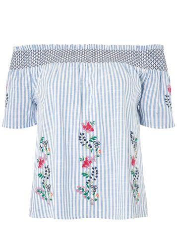 Dorothy Perkins Blue Stripe Floral Sheered Bardot Top