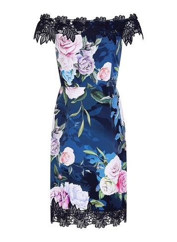 *paper Dolls Navy Floral Print Lace Bardot Bodycon Dress