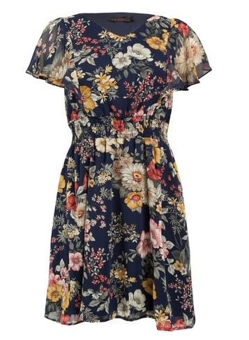 *tenki Navy Blue Floral Print Ruffle Dress