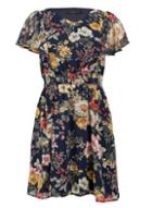 *tenki Navy Blue Floral Print Ruffle Dress