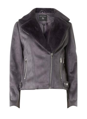 Dorothy Perkins Charcoal Grey Suedette Faux Fur Biker Jacket