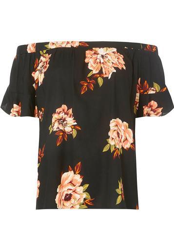 Dorothy Perkins Black Floral Print Frill Bardot Top