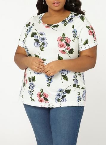 Dorothy Perkins Dp Curve Ivory Floral Print Lace Hem T-shirt