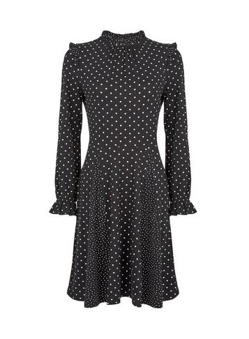 Dorothy Perkins Black Spot Print Frill Neck Swing Dress