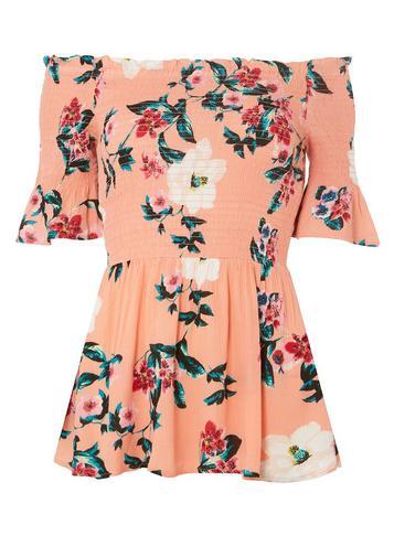 Dorothy Perkins Pink Tropical Shirred Bardot Top
