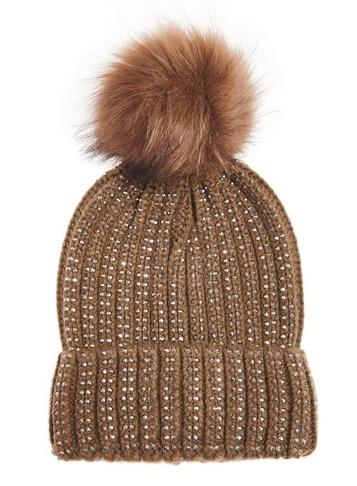 *quiz Khaki Beaded Pom Pom Knit Hat