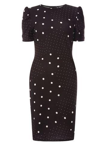 Dorothy Perkins Black And White Spot Print Tuck Sleeve Bodycon Dress