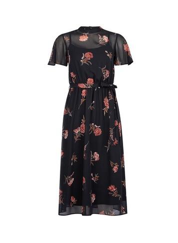 Dorothy Perkins Petite Black Floral Print Belted Fit And Flare Dress