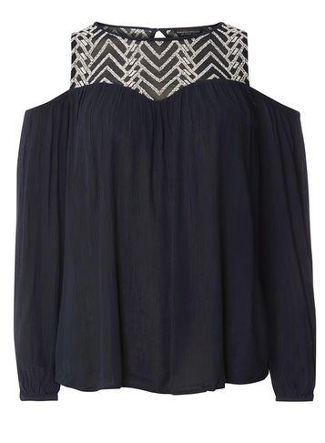 Dorothy Perkins Navy Embroidered Cold-shoulder Top