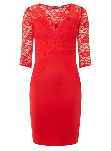 Dorothy Perkins *red Lace Top V-neck Pencil Dress
