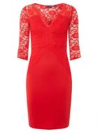Dorothy Perkins *red Lace Top V-neck Pencil Dress