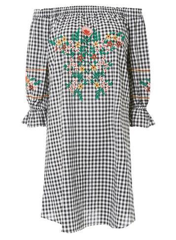 Dorothy Perkins Black Gingham Embroidered Bardot Dress