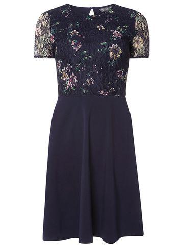 Dorothy Perkins Navy Floral Print Lace Top Dress