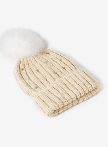 Dorothy Perkins Cream Pearl Embellished Pom Pom Hat