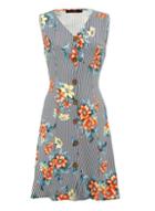 *tenki Blue Floral Print Pinstripe Shift Dress