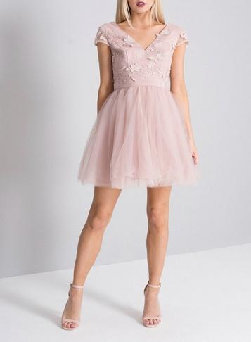 *chi Chi London Petite Mink 3d Floral Mini Skater Dress