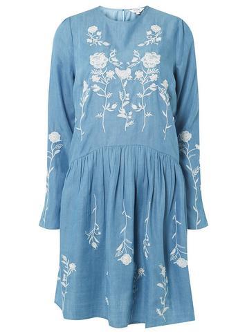 Dorothy Perkins Blue Drop Waist Embroidered Denim Skater Dress