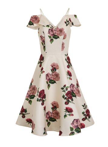 Dorothy Perkins *chi Chi London Cream Floral Print Midi Skater Dress