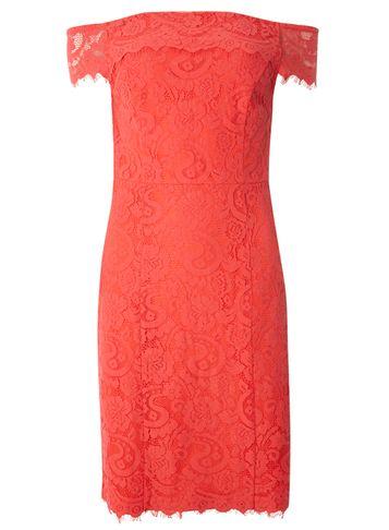 Dorothy Perkins Coral Bardot Lace Pencil Dress