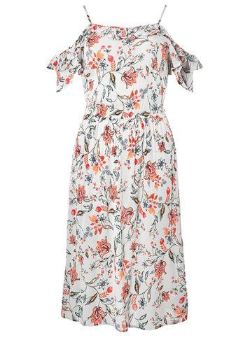 Dorothy Perkins Ivory Floral Frill Cold Shoulder Midi Skater Dress