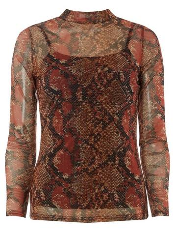 Dorothy Perkins Multi Colour Snake Print Mesh High Neck Top