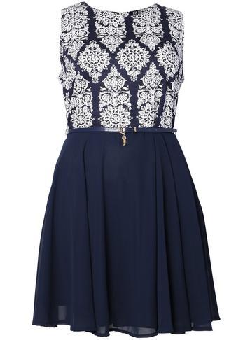 Dorothy Perkins *izabel London Curve Navy Damask Top Skater Dress