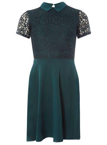 Dorothy Perkins Green Collared Lace Skater Dress