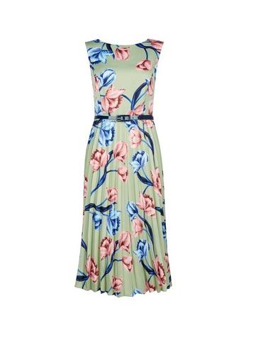 *luxe Sage Floral Print Pleated Midi Skater Dress