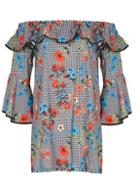 Dorothy Perkins *tenki Black Check And Floral Print Bardot Shift Dress