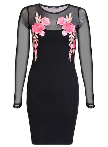 Dorothy Perkins *quiz Black Mesh Sleeve Embroidered Dress