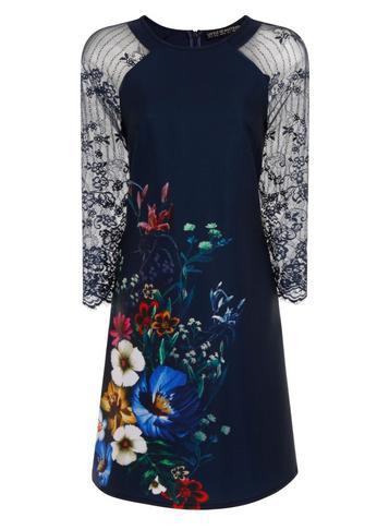 Dorothy Perkins *little Mistress Navy Floral Print Lace Shift Dress