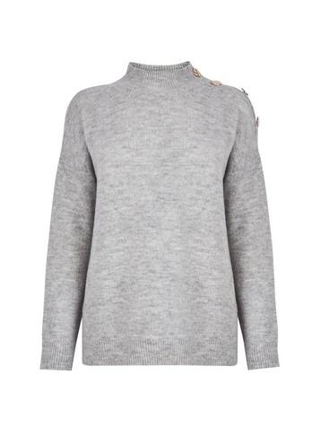 Dorothy Perkins Grey Button Shoulder High Neck Jumper