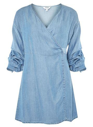 Dorothy Perkins Mid Wash Ruffle Sleeve Wrap Denim Dress