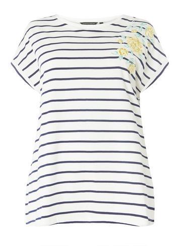Dorothy Perkins Dp Curve Yellow And Blue Striped Floral Embroidered T-shirt