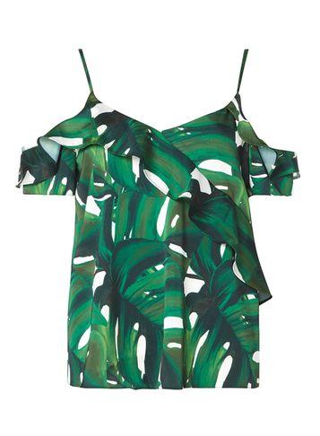Dorothy Perkins Petite Green Leaf Print Frill Top