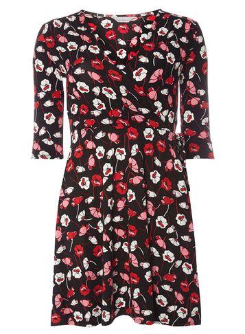 Dorothy Perkins Petite Black And Red Floral Wrap Tie Dress