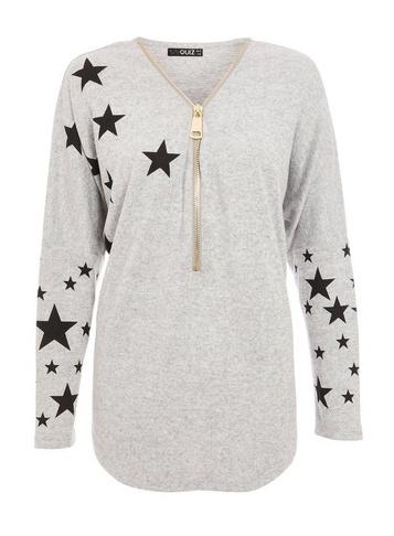 *quiz Grey Knit Star Print Zip Top