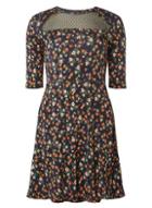 Dorothy Perkins Navy Floral Mesh Insert Fit And Flare Dress