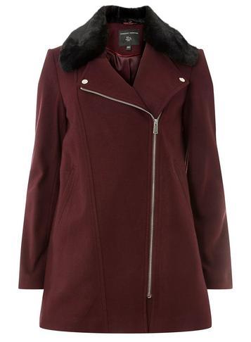 Dorothy Perkins Berry Faux Fur Collar Biker Coat
