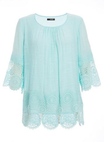 *quiz Aqua Cotton Lace Trim Top