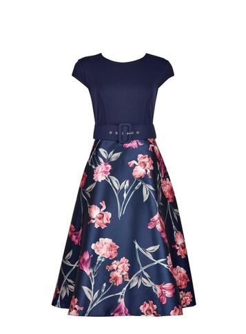 *luxe Navy Floral Print Belted Dress