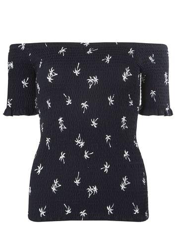 Dorothy Perkins Navy Palm Print Shirred Bardot Top