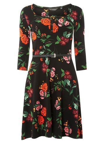 Dorothy Perkins Black Floral Print Belted Skater Dress