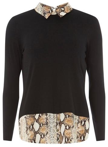 Dorothy Perkins Petite Black Cut And Sew Snake Print Top