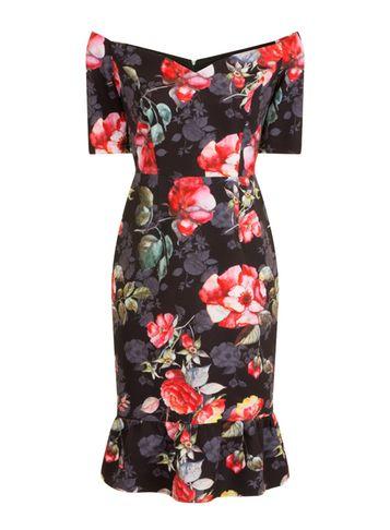 Dorothy Perkins *paper Dolls Black Rose Print Bardot Dress