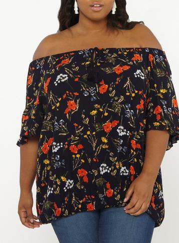 Dorothy Perkins *dp Curve Navy Crinkle Floral Print Gypsy Bardot Top